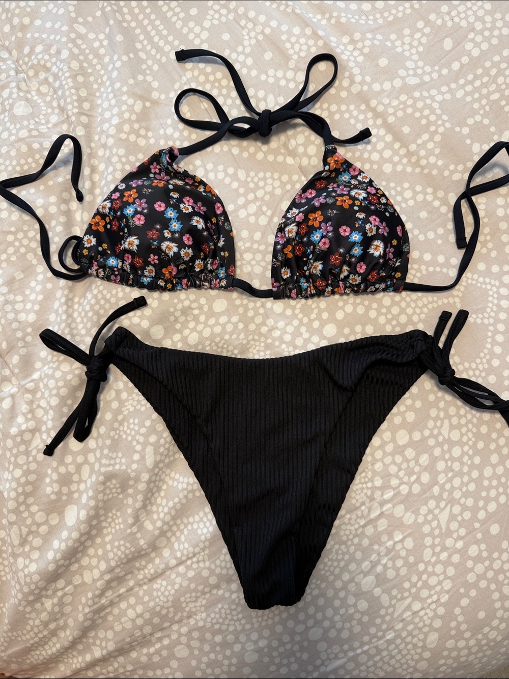 SHEIN Black Floral Triangle String Bikini